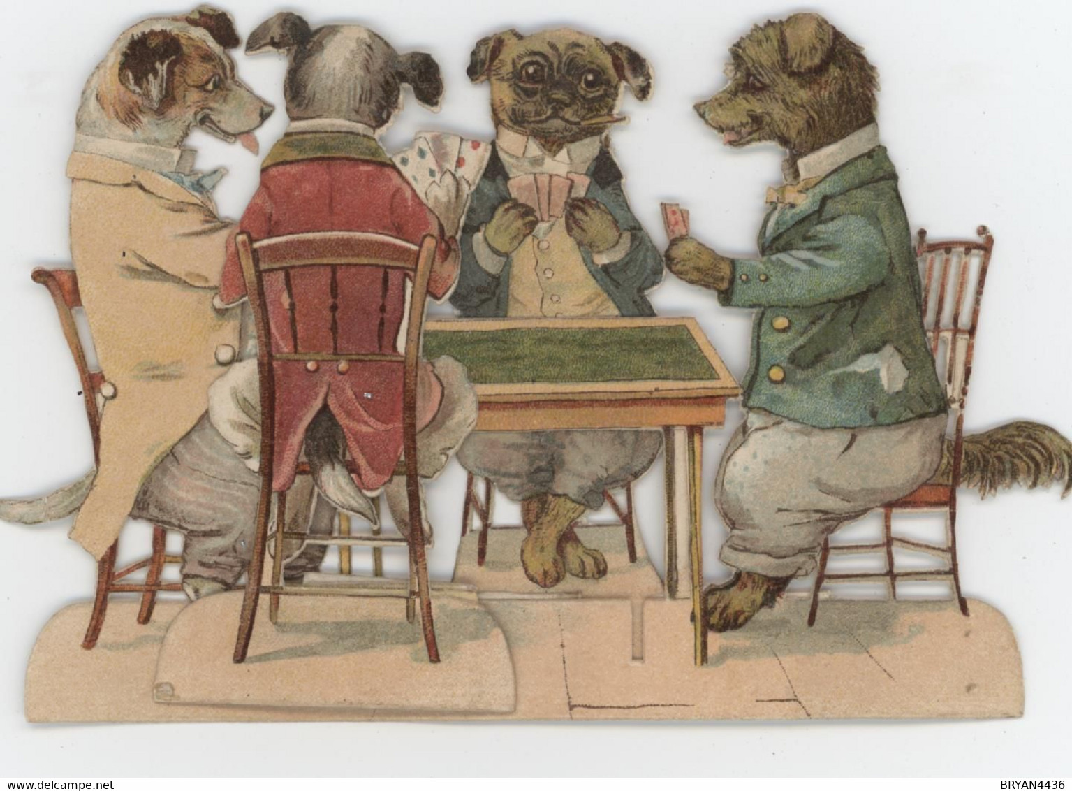 ANNEE 1885 - CHIEN, DOG, ATTITUDE HUMANISES - JOUEURS De CARTES - RARE CARTE CHROMO DECOUPIS SYSTEME (9 X 14 Cm) - Animali