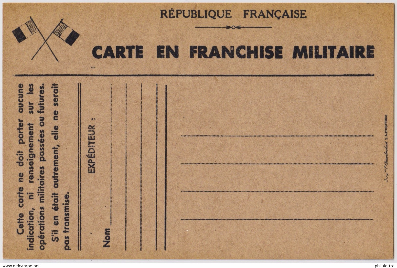 FRANCE - Carte FM De 1939/40 (Imprimerie Chambrelent) - Neuf - TB - Guerra De 1939-45