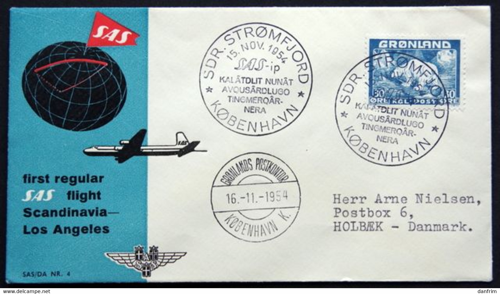 Greenland  1954 SAS Første Flyvning Sdr. Strømfjord - København 15-11-1954 (parti 777) - Lettres & Documents