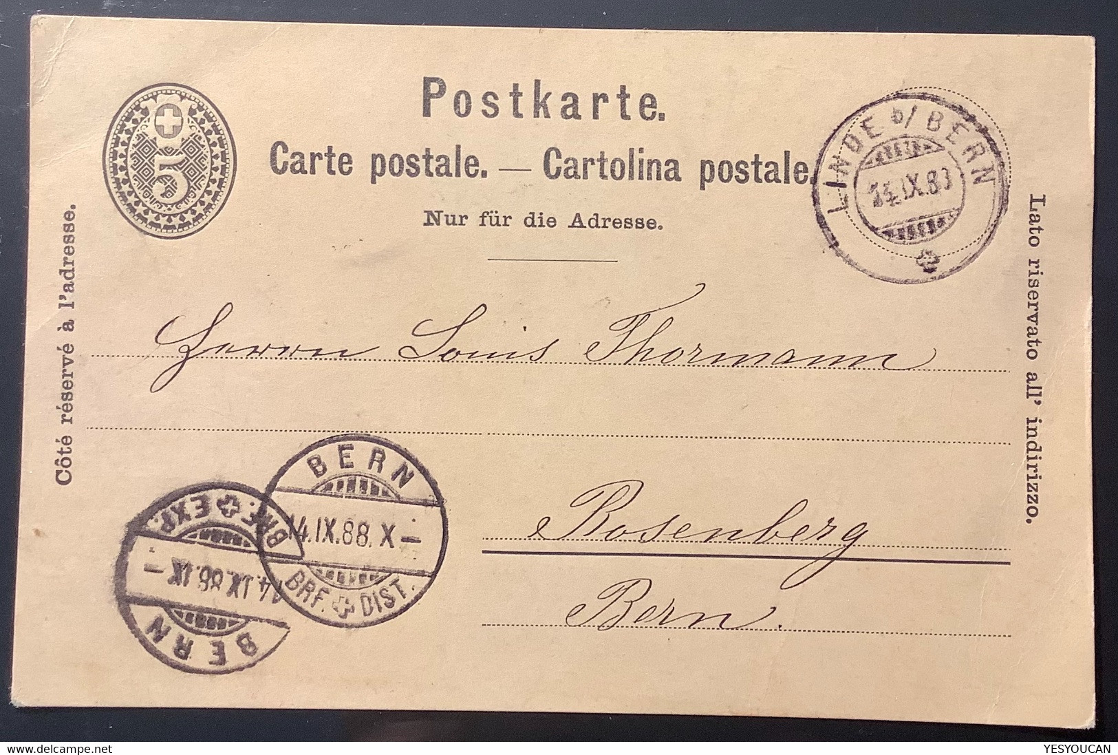 DAS NEUES FRÜHDATUM !  "LINDE B/ BERN 14.9.1888" Dieser Ganzsache 5Rp Postkarte ZNr 18 (Schweiz - Ganzsachen