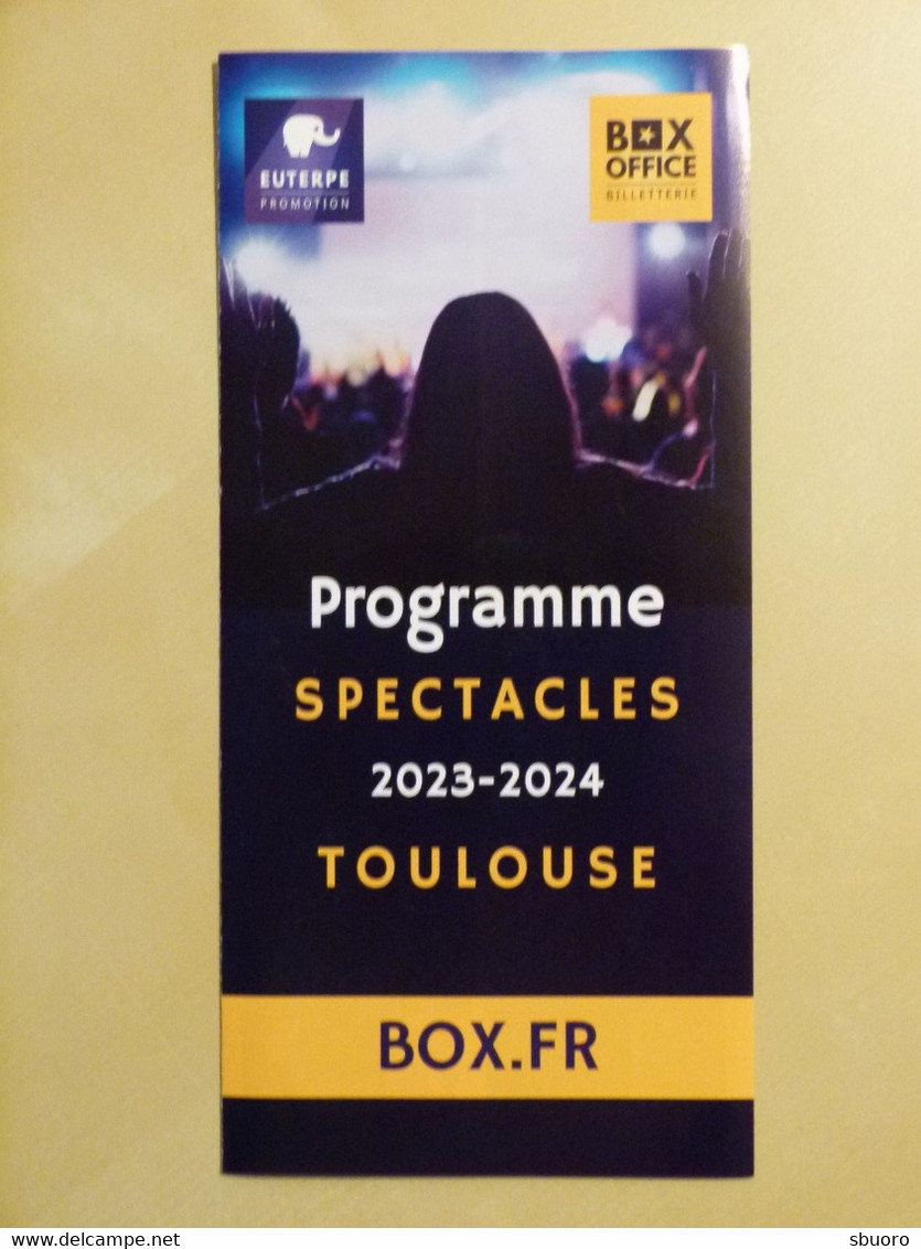 Flyer 3 Volets. Programme Spectacles Toulouse 2023-2024. Scorpions, Soprano, Satriani, Foresti, Polnareff, Obispo, Zazie - Programmes