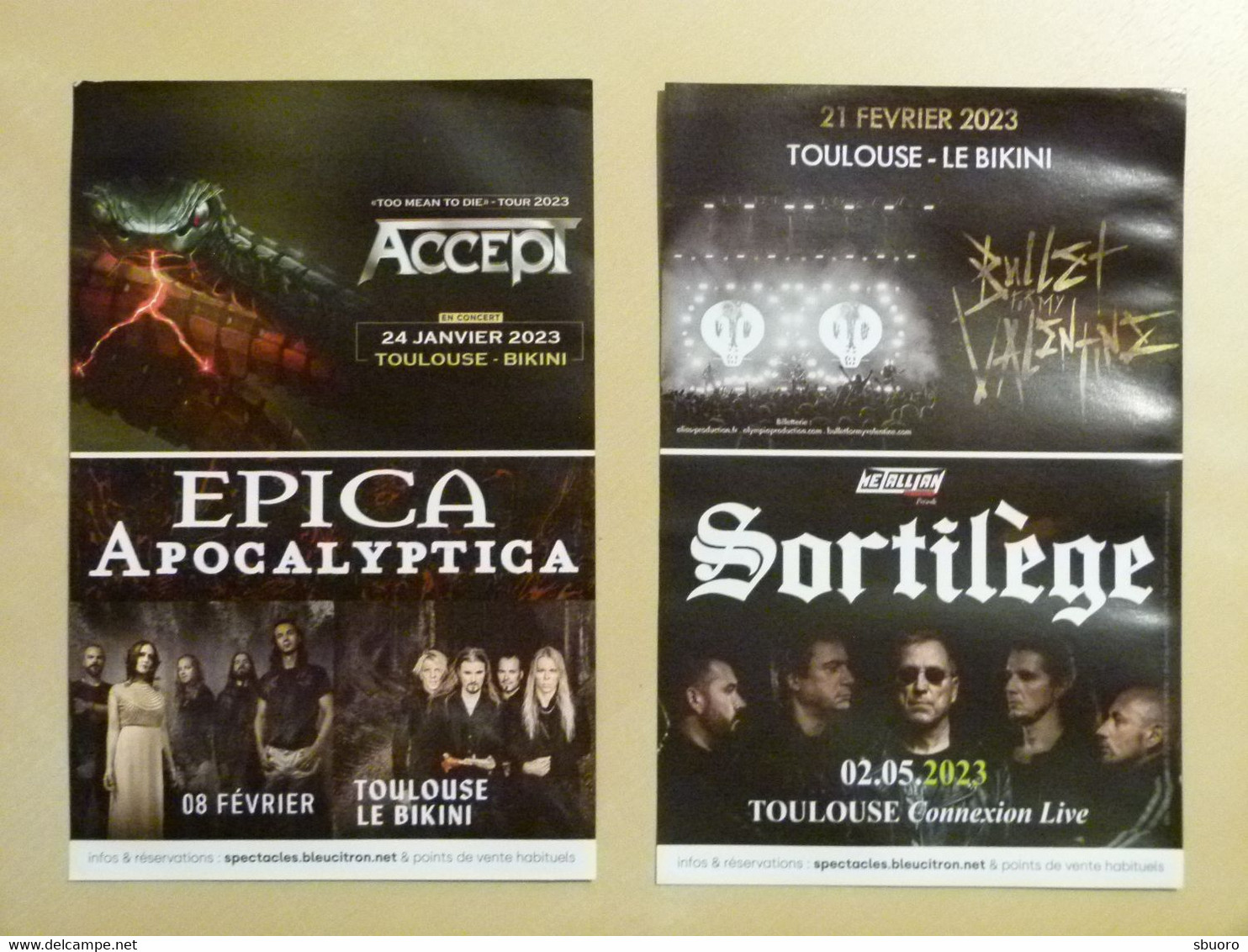 Flyer Concerts : Accept, Epica + Apocalyptica, Bullet For My Valentine, Sortilège. Toulouse 2023 - Programmes