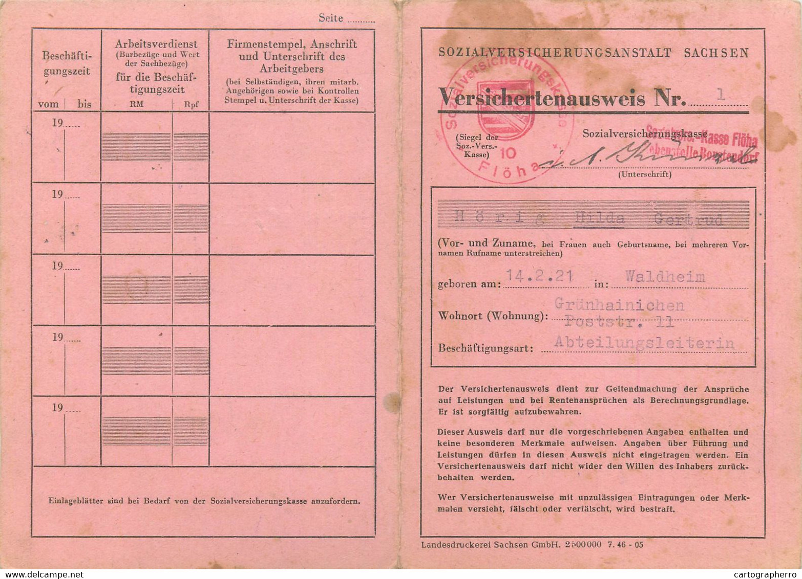 German National Health Insurance 1921 Germany 10 X 15 Cm Sozialversicherungsanstalt Sachsen Horig Hilda Gertrud - Bank & Insurance