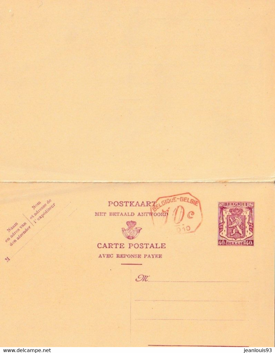 BELGIQUE - ENTIER 40C CARTE AVEC REPONSE PAYEE NEUF - Antwoord-betaald Briefkaarten