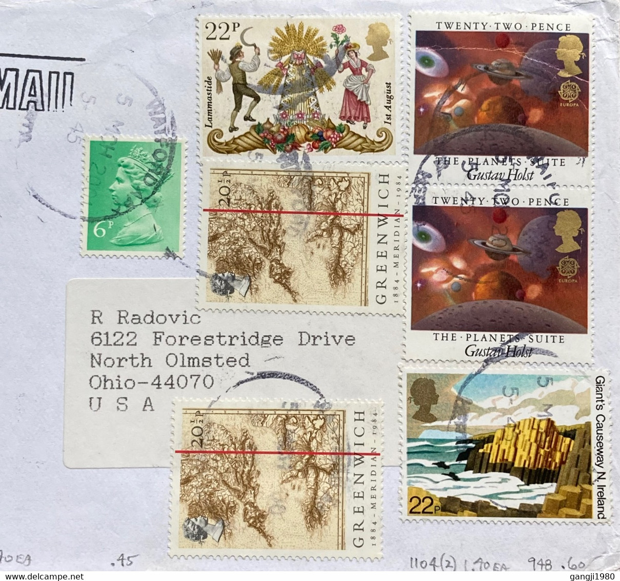 GREAT BRITAN 2001, COVER USED TO USA, EUROPA, SPACE, PLANETS GUSTAV HOLST, CAUSEWAY, QUEEN,1984 GREENWICH, MULTI 7 STAMP - Lettres & Documents