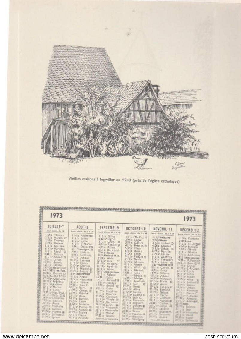 Vieux Papiers - Calendrier 1973 + 2 Illustrations C Sauer - Recto : Obernai / Verso : Ingwiller - Tamaño Grande : 1971-80