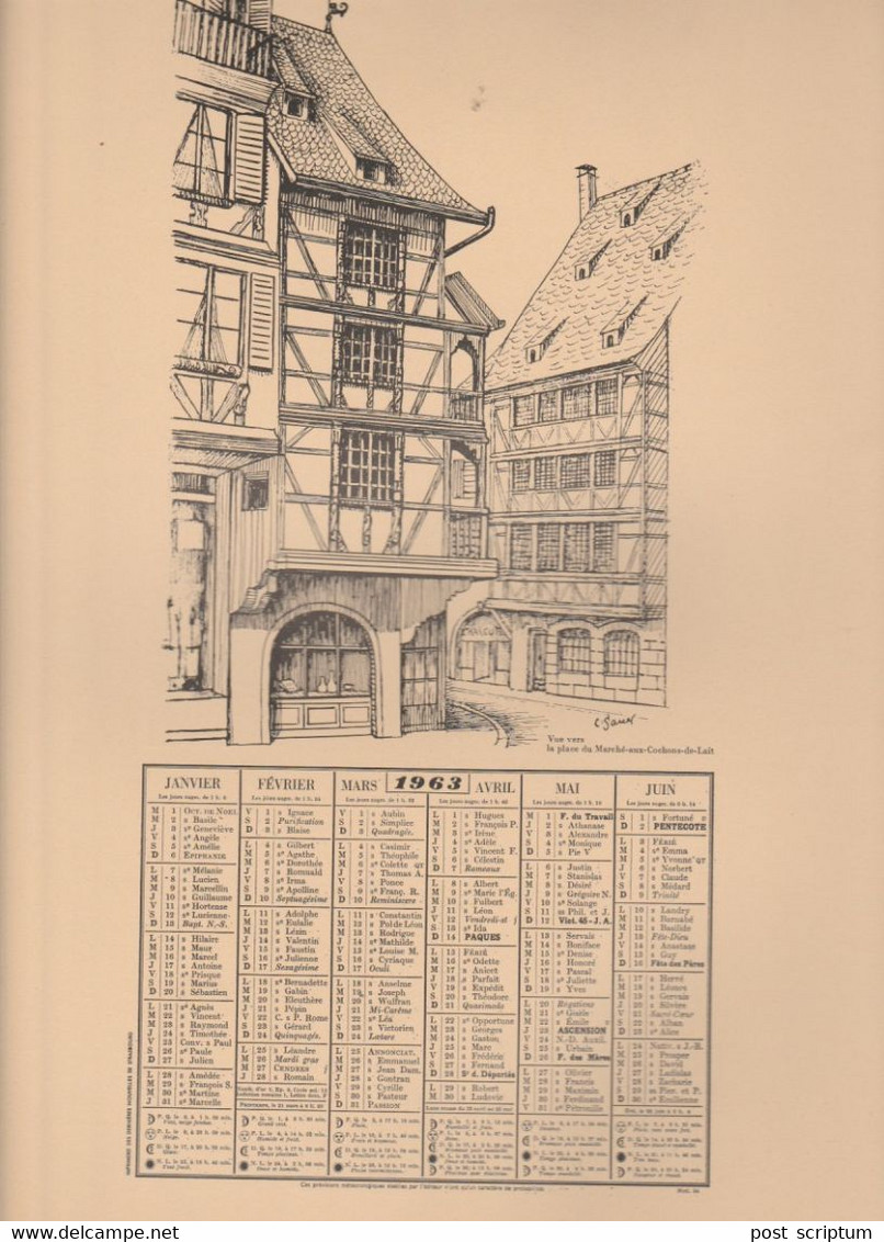 Vieux Papiers - Calendrier 1963 + Illustrations  C Sauer - Recto :et Verso   Strasbourg Marché Aux Cochons De Lait - Grossformat : 1961-70