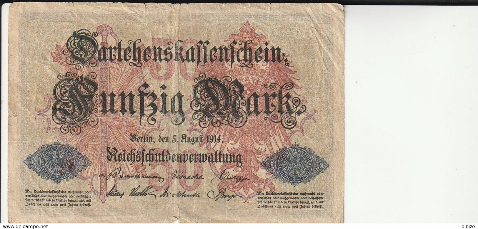 Billet De Banque Usagé. Empire Allemand. 50 Marks. 1914. Etat Très Moyen. Taches. Plié. Petites Déchirures. - 50 Mark