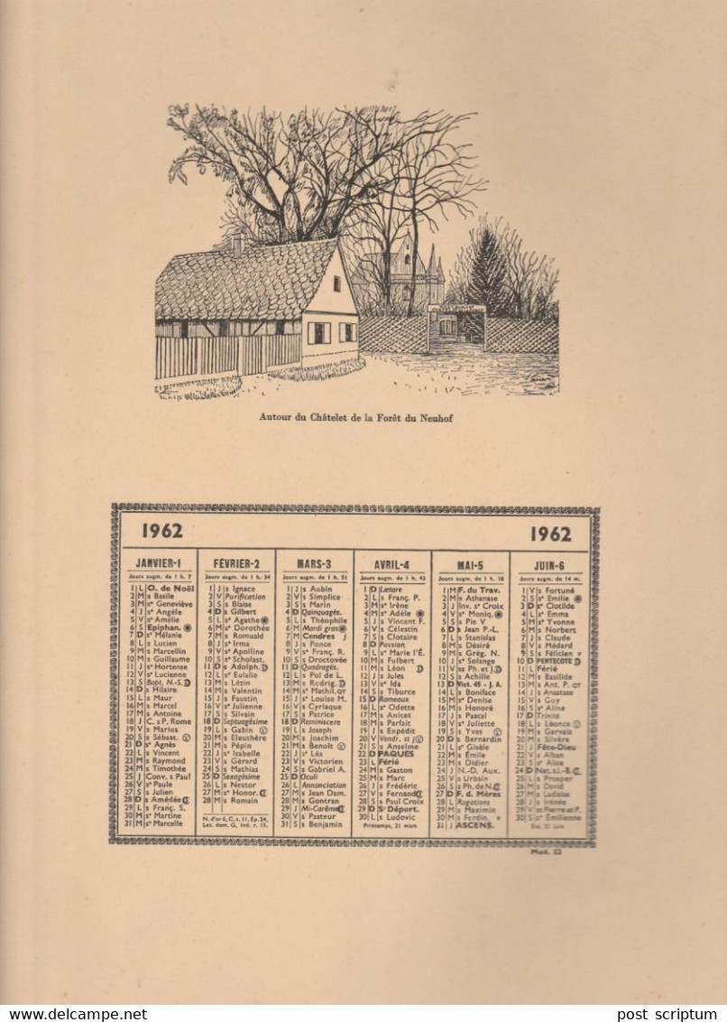 Vieux Papiers - Calendrier 1962 + Illustrations  C Sauer - Recto :et Verso  Strasbourg Autour Du Câtelet Forêt Du Neuhof - Tamaño Grande : 1961-70