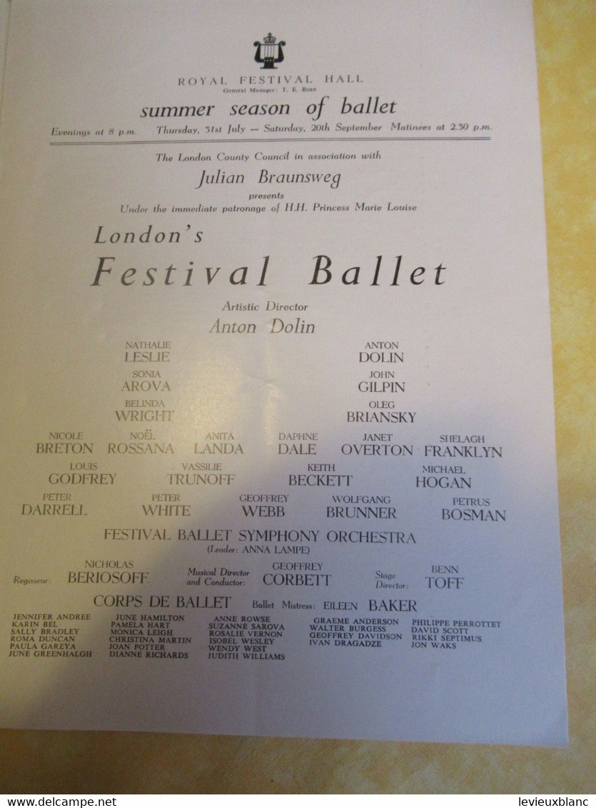 Programme Ancien / Danse/ London's Festival Ballet/ ROYAL FESTIVAL HALL/Anton Dolin/Summer1952           PROG352 - Programma's