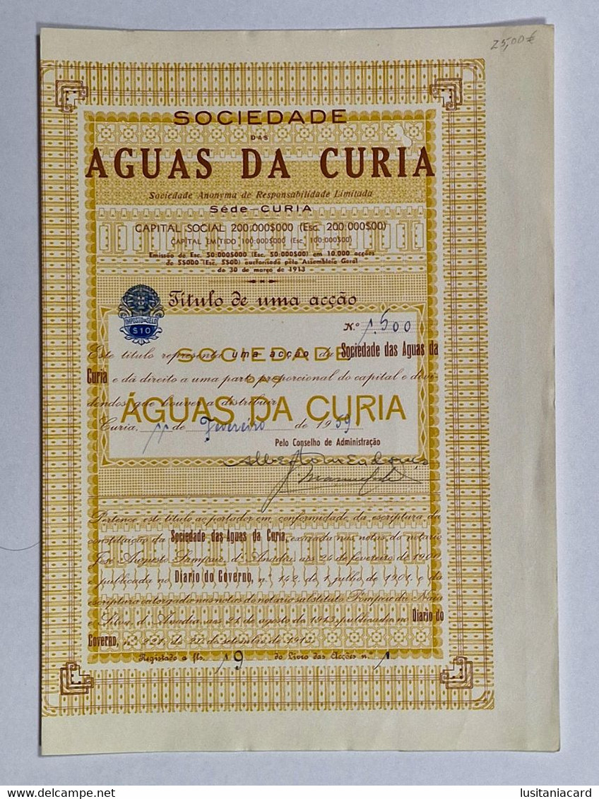 PORTUGAL-ANADIA-CURIA- Sociedade Das Aguas Da Curia-Titulo De Uma Acção  Nº1500- 11 De Fevereiro De 1959 - Wasser