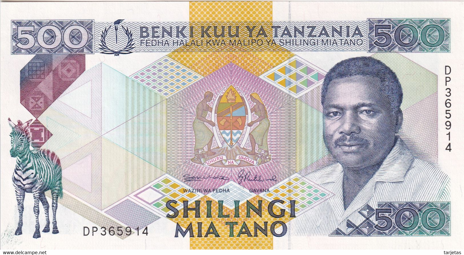 BILLETE DE TANZANIA DE 500 SHILINGI DEL AÑO 1989 SIN CIRCULAR (UNC) (BANKNOTE) CEBRA-ZEBRA - Tanzania