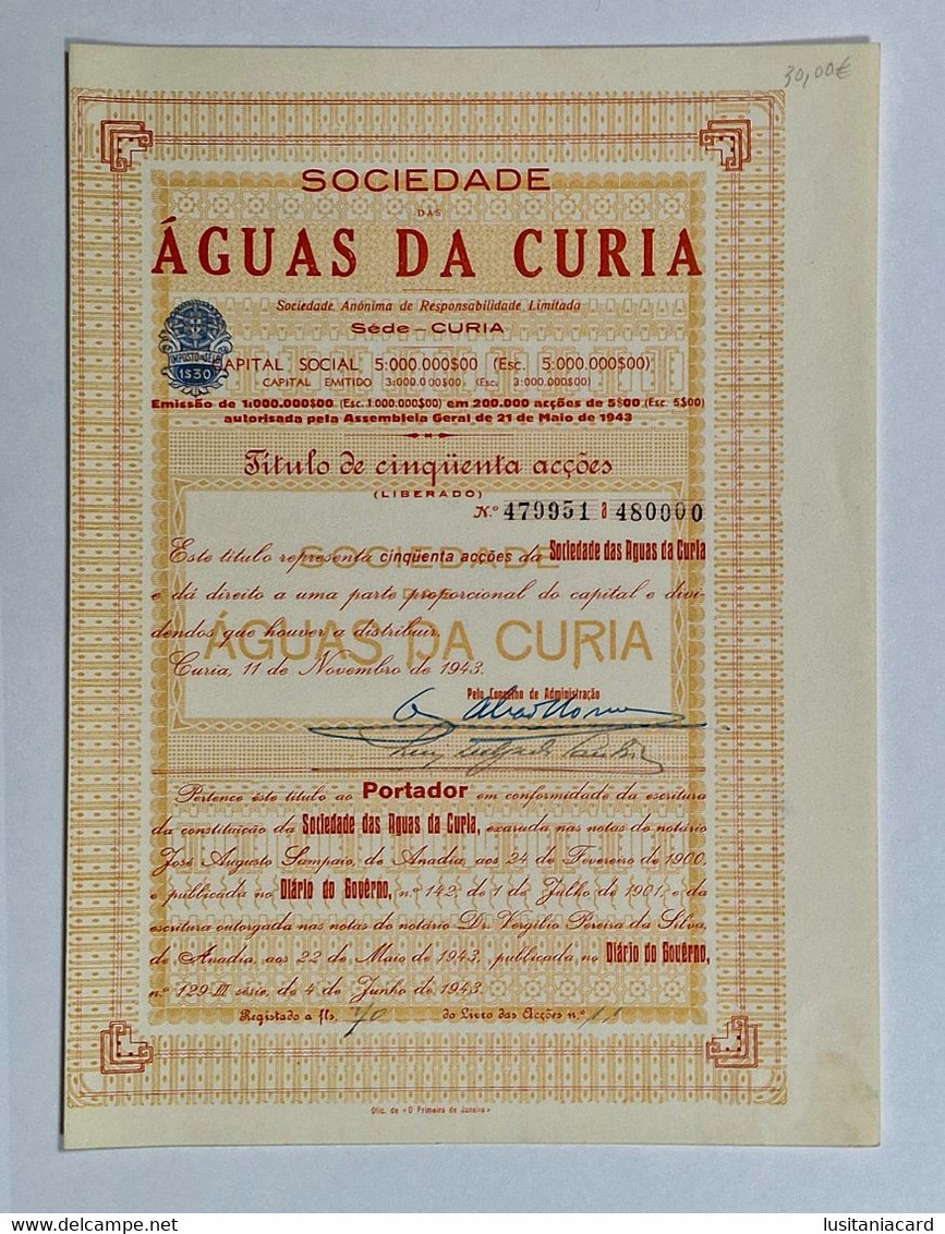 PORTUGAL-ANADIA-CURIA-Sociedade Das Águas Da Curia-Titulo De Cinquenta Acções Nº479951 A 480000-11 De Novembro De 1943 - Eau
