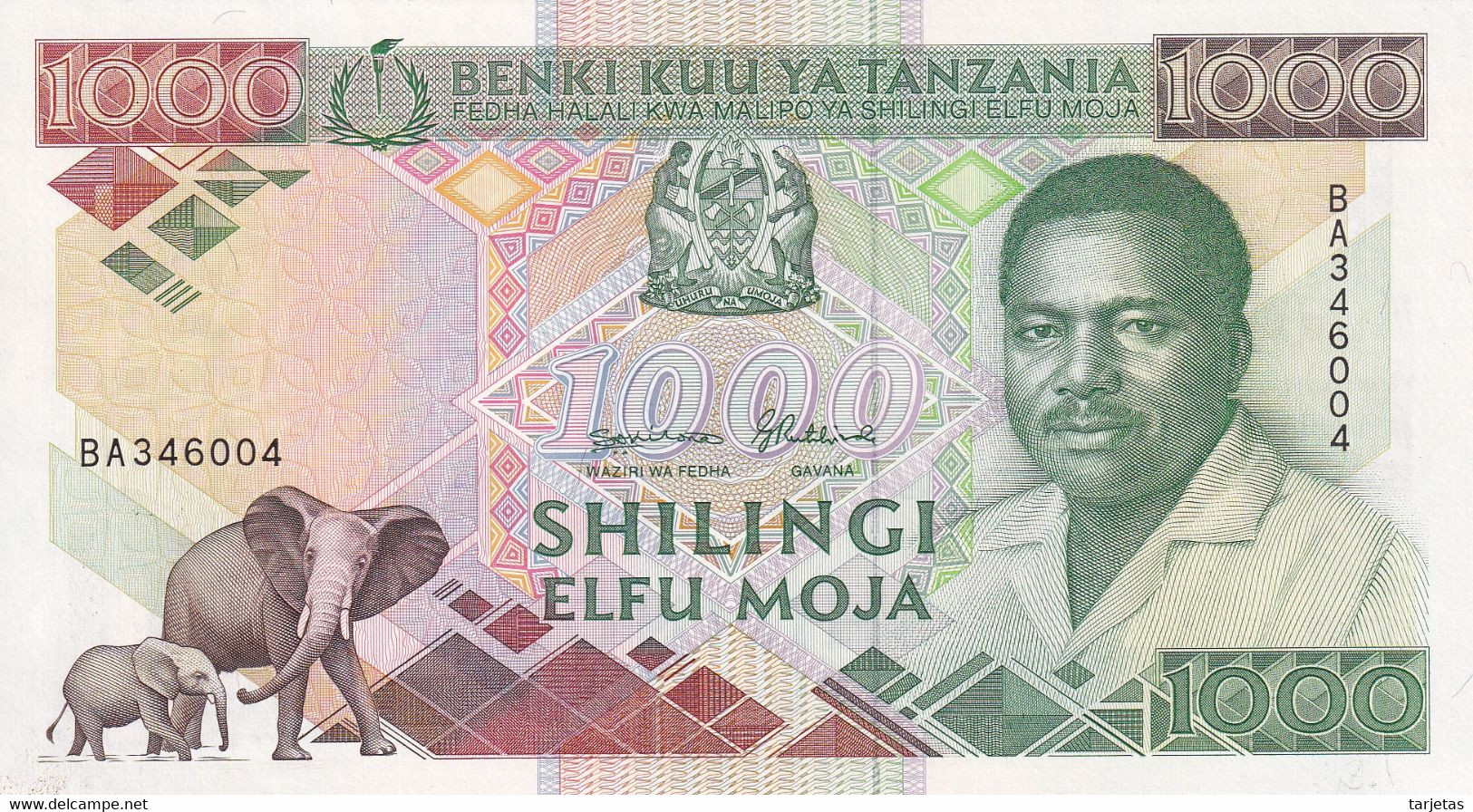 BILLETE DE TANZANIA DE 1000 SHILINGI DEL AÑO 1990 SIN CIRCULAR (UNC) (BANKNOTE) ELEFANTE-ELEPHANT - Tanzanie