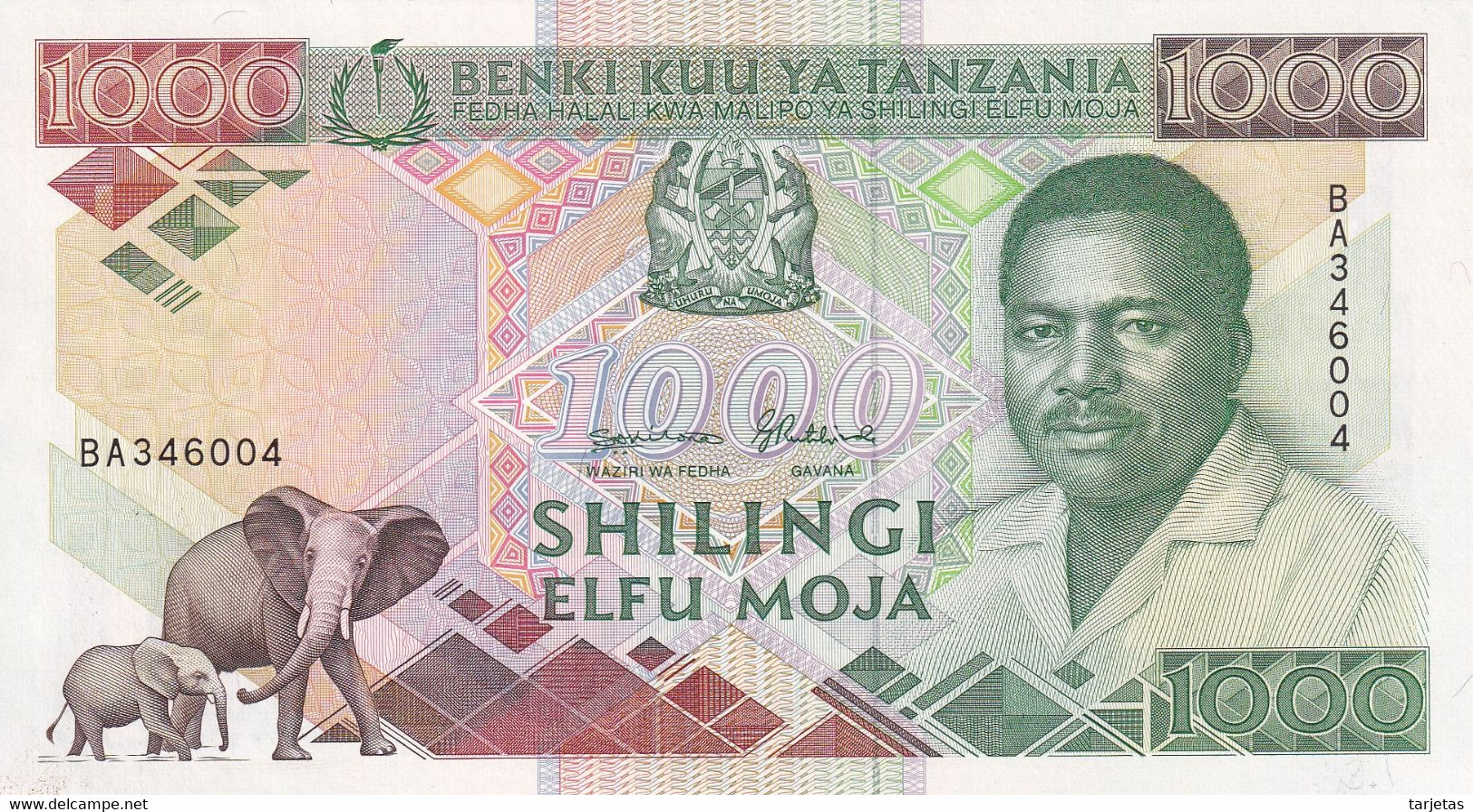 BILLETE DE TANZANIA DE 1000 SHILINGI DEL AÑO 1990 SIN CIRCULAR (UNC) (BANKNOTE) ELEFANTE-ELEPHANT - Tanzania