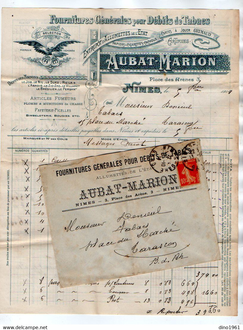 VP21.676 - 1914 - Enveloppe & Facture - Tabacs,Cartes à Jouer GRIMAUD,Artifices... AUBAT - MARION à NIMES Pour TARASCON - Documents