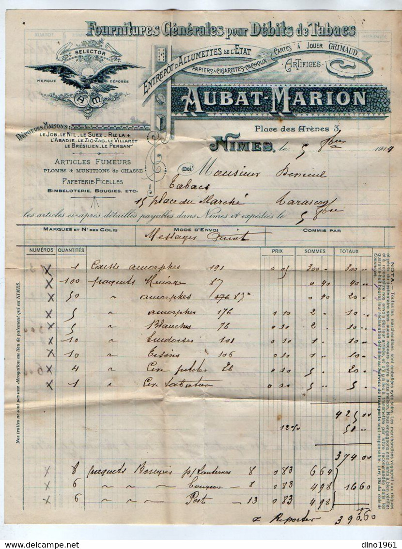 VP21.676 - 1914 - Enveloppe & Facture - Tabacs,Cartes à Jouer GRIMAUD,Artifices... AUBAT - MARION à NIMES Pour TARASCON - Documenti
