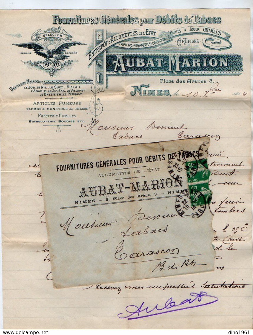 VP21.677 - 1914 - Enveloppe & Lettre - Tabacs,Cartes à Jouer GRIMAUD,Artifices... AUBAT - MARION à NIMES Pour TARASCON - Dokumente