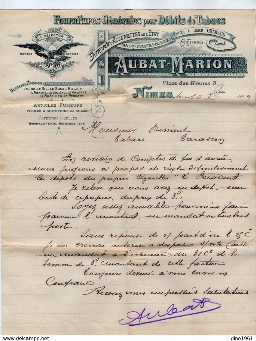 VP21.677 - 1914 - Enveloppe & Lettre - Tabacs,Cartes à Jouer GRIMAUD,Artifices... AUBAT - MARION à NIMES Pour TARASCON - Documents