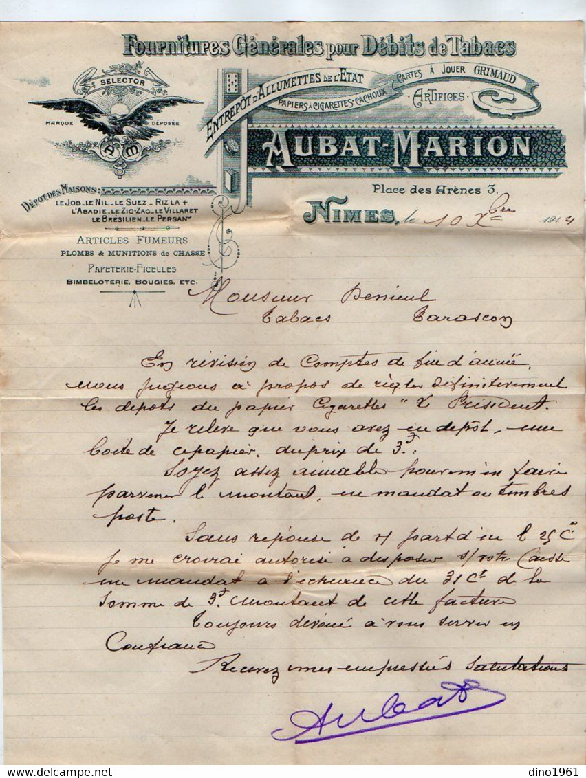 VP21.677 - 1914 - Enveloppe & Lettre - Tabacs,Cartes à Jouer GRIMAUD,Artifices... AUBAT - MARION à NIMES Pour TARASCON - Documentos