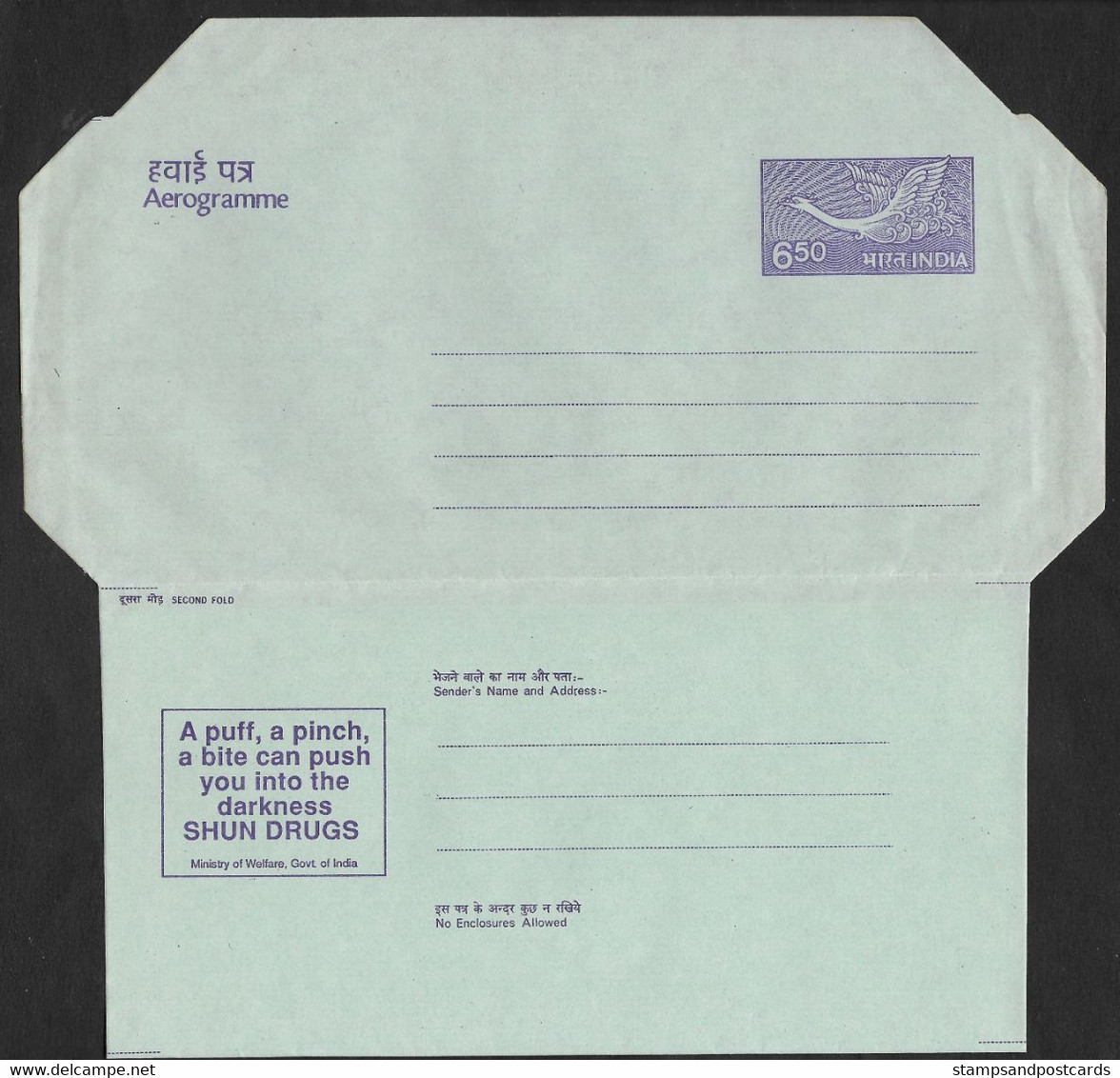 Inde Entier Postal Aerogramme C. 1990 Campagne évitez Les Drogues India Aerogram Shun Drugs Campaign - Droga