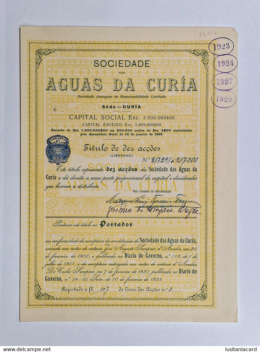 PORTUGAL-ANADIA-CURIA-Sociedade Das Aguas Da Curia-Titulo De Dez Acções   Nº217291 A 217300-  1923 - Agua