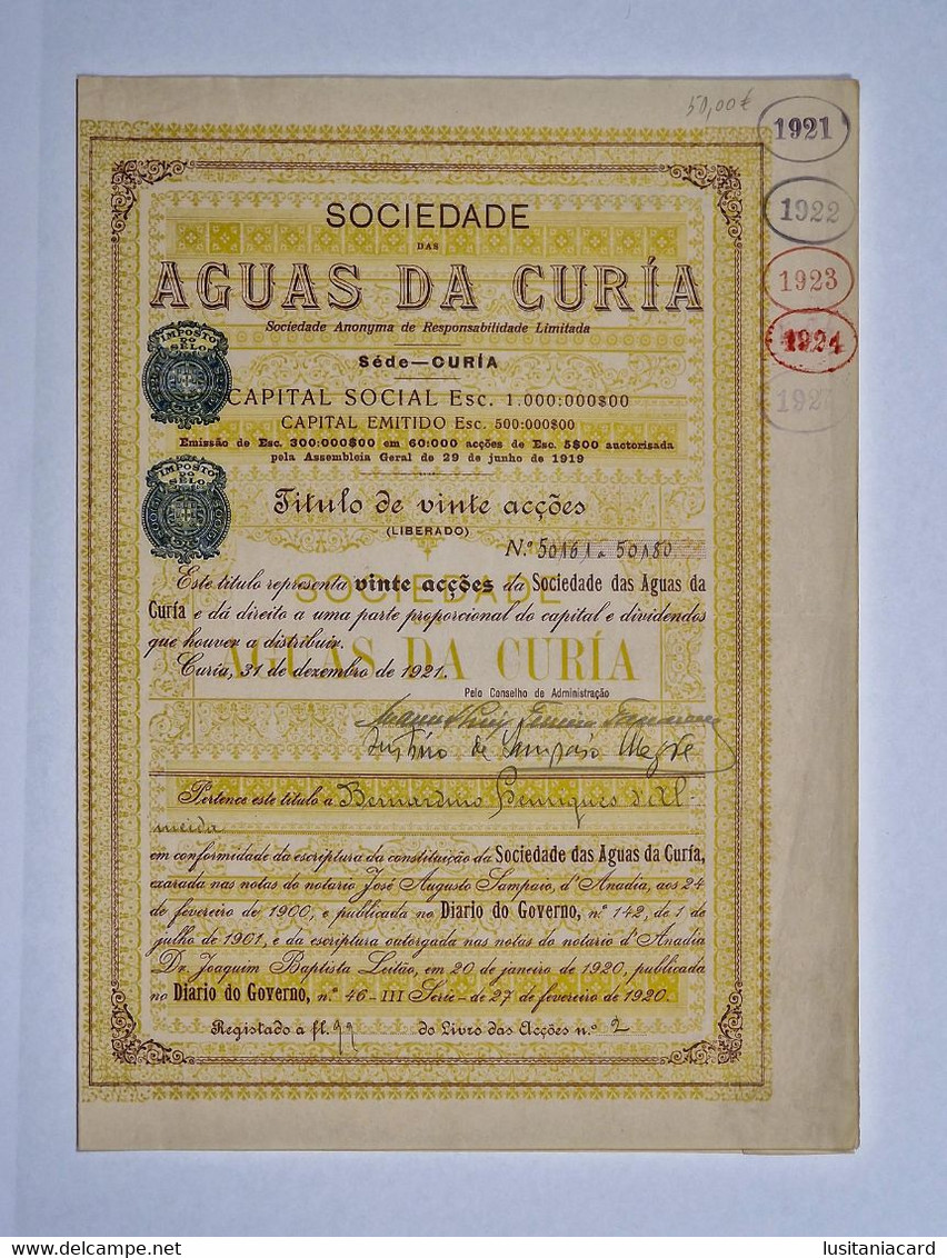 PORTUGAL-ANADIA-CURIA-Sociedade Das Aguas Da Curia-Titulo De Vinte Acções   Nº50161 A 50180-31 Dezembro 1921 - Acqua