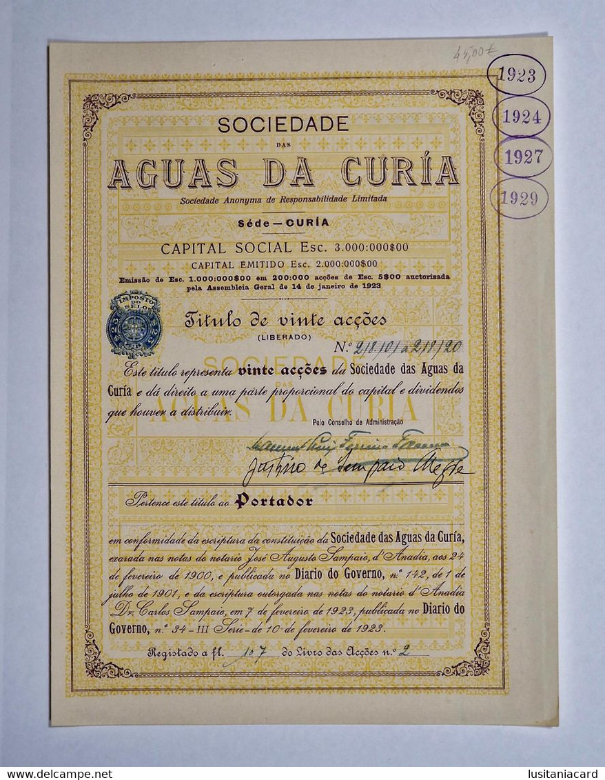 PORTUGAL-ANADIA-CURIA-Sociedade Das Aguas Da Curia-Titulo De Vinte Acções  Nº218101 A 218120 - 1923 - Acqua