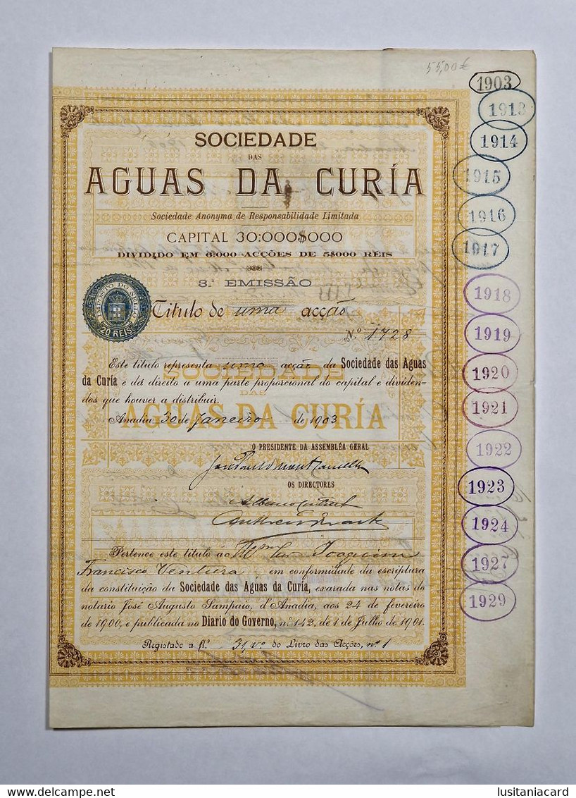 PORTUGAL-ANADIA-CURIA-Sociedade Das Aguas Da Curia-Titulo De Uma Acção  Nº 1728 - 30 De Janeiro De 1903 - Acqua