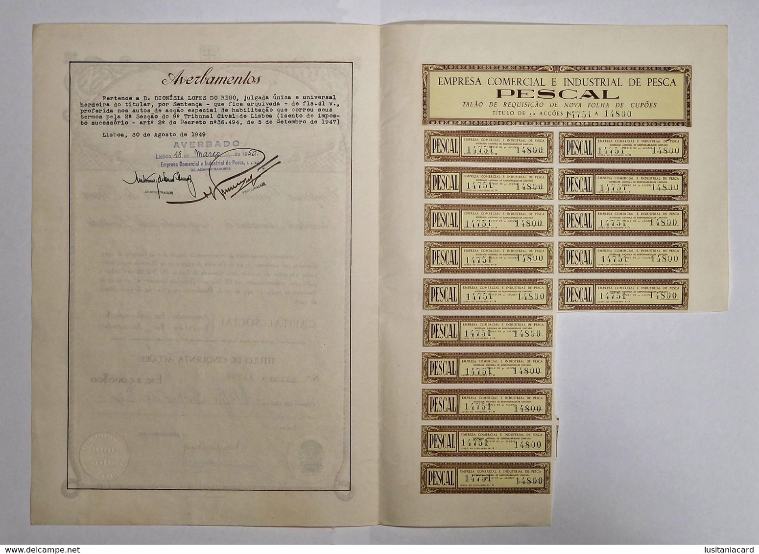 PORTUGAL-LISBOA-Pescal-Empresa Com. E Industrial De Pesca-Titulo Cinquenta Acções 25000$00-Nº14751 A 14800-30AGO1949 - Industrie