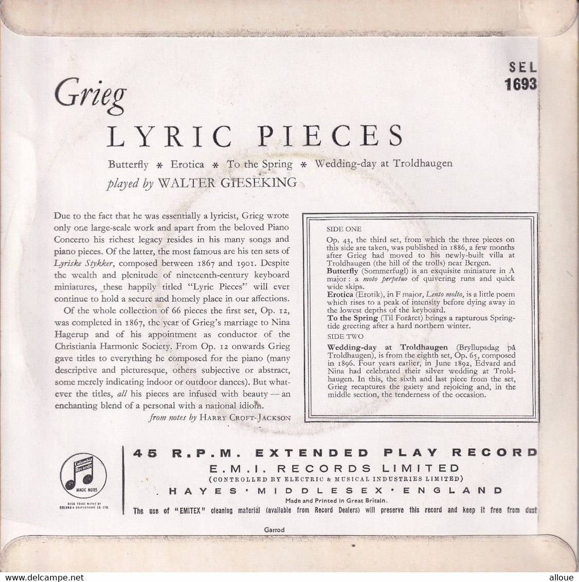WALTER GIESSEKING -  UK EP - GRIEG - LYRIC PIECES - GIESEKING - BUTTERFLY + 3 - Classica