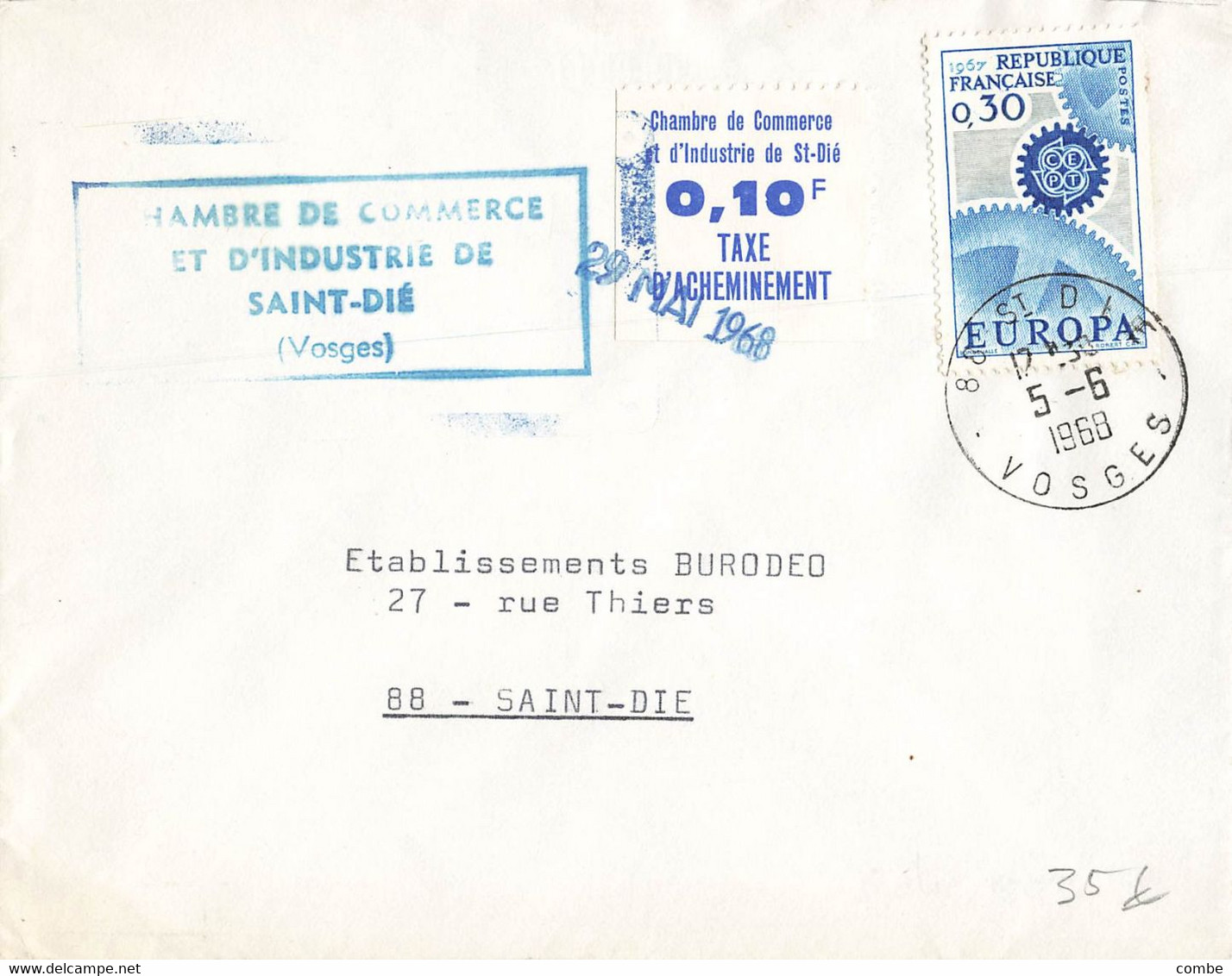 LETTRE. GREVE DES PTT. ST DIE. VOSGES. 0,10Fr TAXE D'ACHEMINEMENT. 29 MAI 1968 - Documents