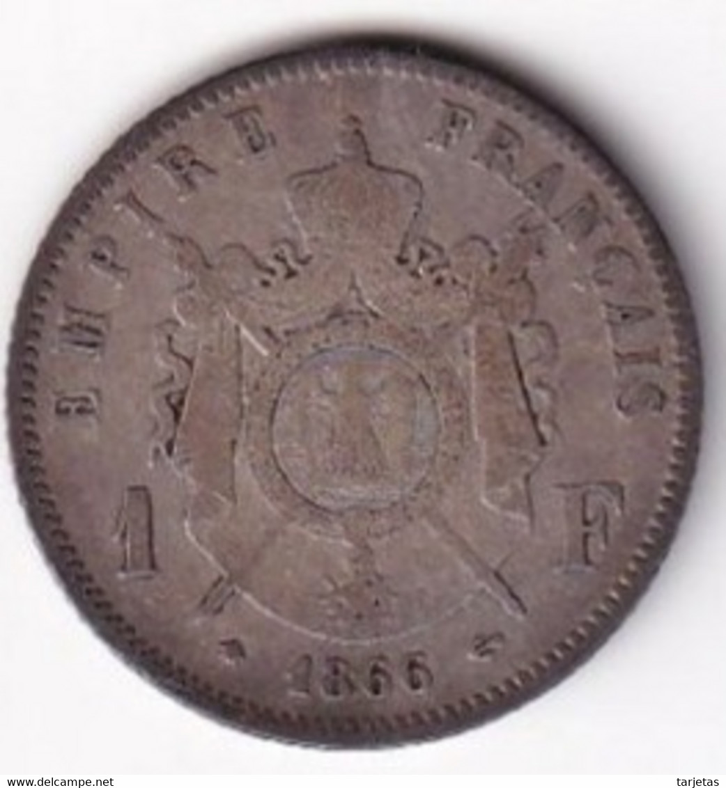 MONEDA DE PLATA DE FRANCIA DE 1 FRANC DEL AÑO 1866 DE NAPOLEON III (COIN) SILVER-ARGENT - 1 Franc