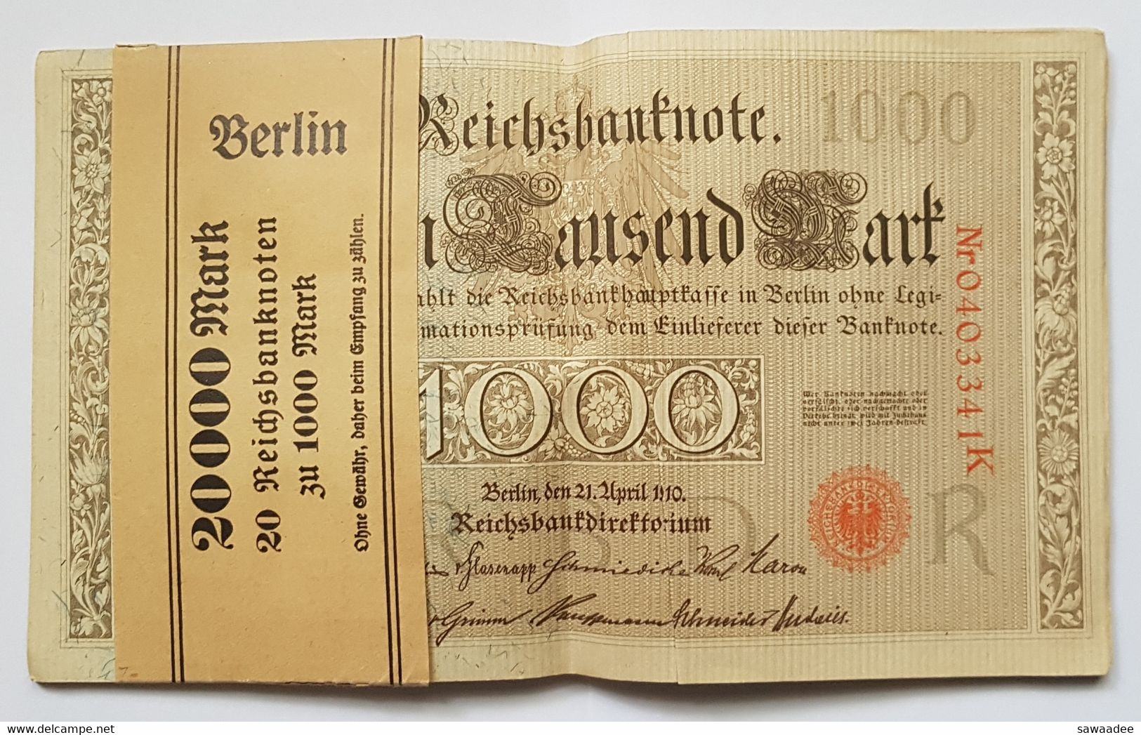 BILLET DE BANQUE - ALLEMAGNE (EMPIRE) - P.45b - 1910 - LIASSE DE 20 BILLETS DE 1000 MARK - BAGUE BERLIN - ALLEGORIE - 1.000 Mark