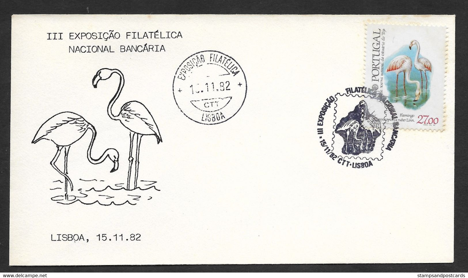 Portugal Cachet Commémoratif Flamant Oiseau Expo Philatelique Bancaire 1982 Flamingo Bird Philatelic Expo Event Postmark - Flamingos