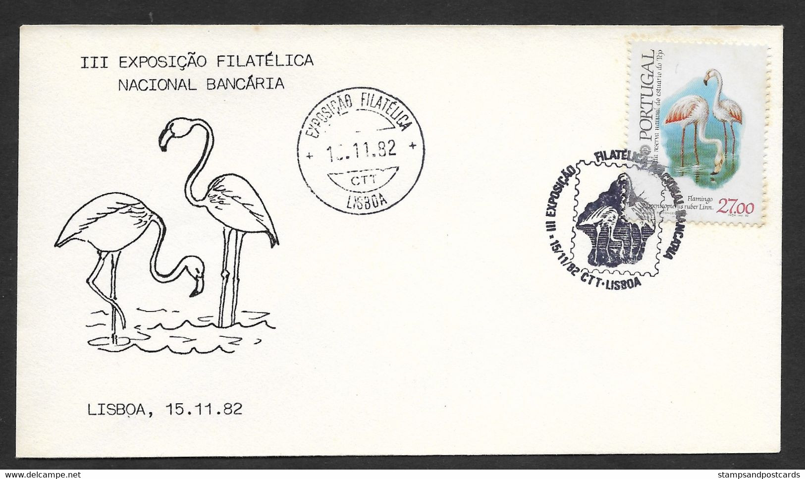 Portugal Cachet Commémoratif Flamant Oiseau Expo Philatelique Bancaire 1982 Flamingo Bird Philatelic Expo Event Postmark - Flamants