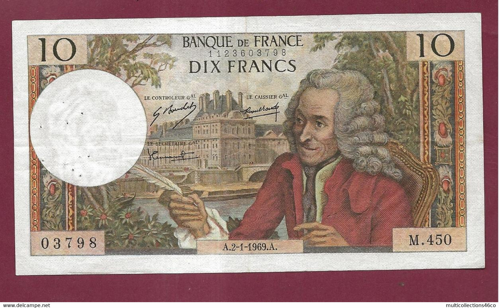 240223 - BILLET FRANCE - 10 Francs BANQUE DE FRANCE Voltaire M450 2-1-1969 A - 10 F 1963-1973 ''Voltaire''