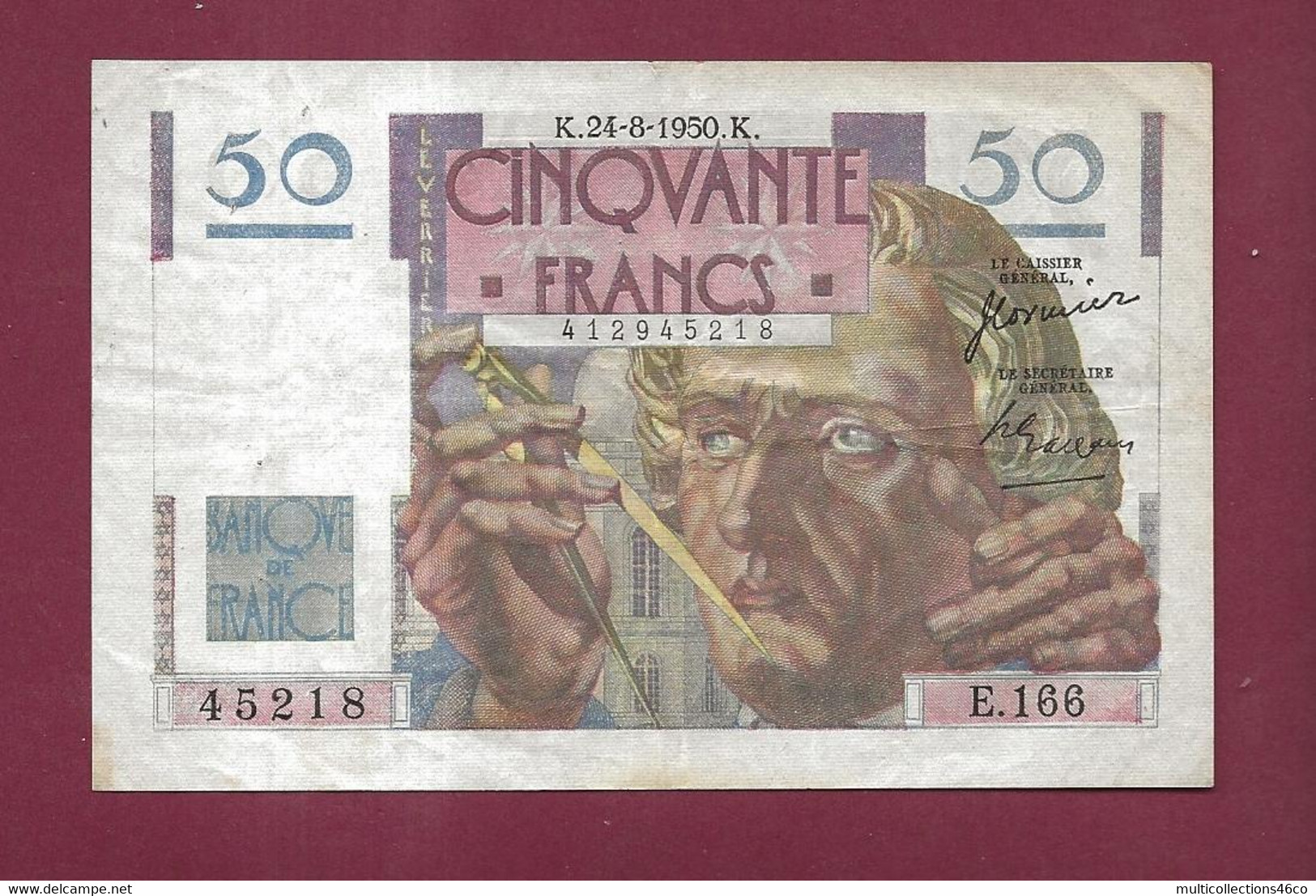 240223 - BILLET FRANCE - 50 Francs BANQUE DE FRANCE Le Verrier Neptune E166 - 24-8-1950 K N°45218 - 50 F 1946-1951 ''Le Verrier''