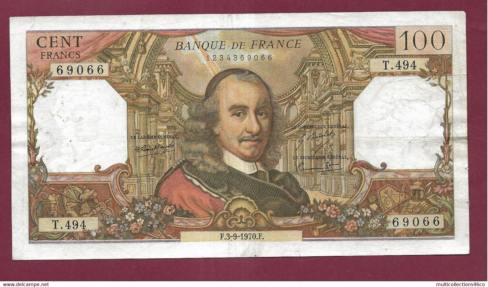 240223 - BILLET FRANCE - 100 Francs BANQUE DE FRANCE Corneille 3-9-1970 F - N°69066 T494 - 100 F 1964-1979 ''Corneille''