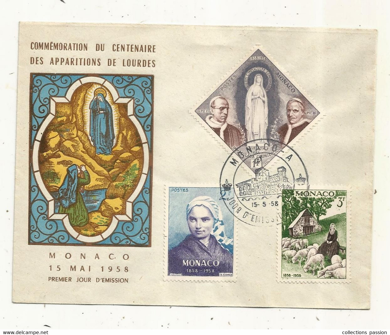 FDC, Premier Jour, MONACO - A, Commémoration Du Centenaire Des Apparitions De Lourdes, 15mai 1958, 2 Scans - Briefe U. Dokumente