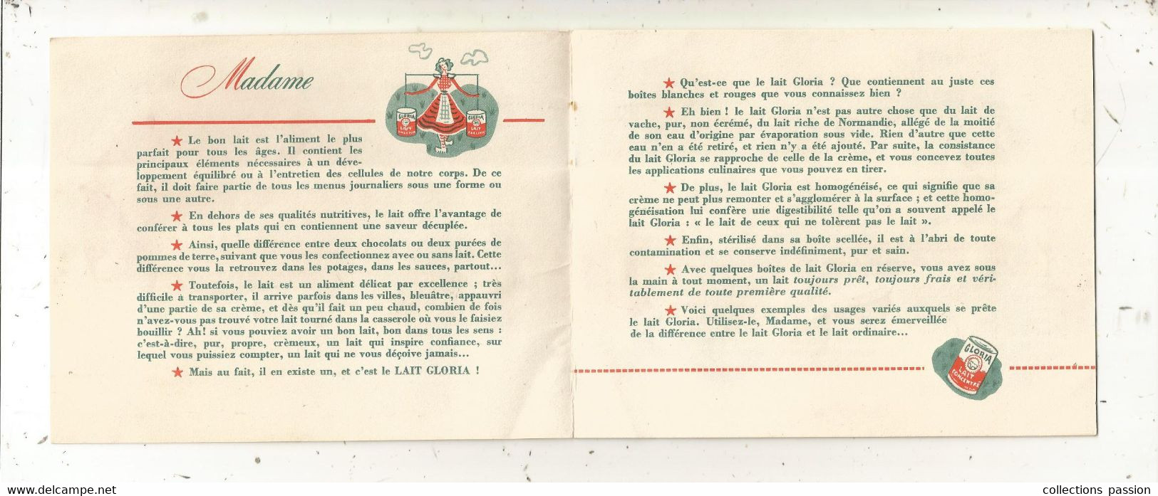 Publicité, Lait GLORIA, Message Aux Bonnes Ménagéres, Recettes : Cuisine Au Lait,  7 Pages,  4 Scans,  Frais Fr 1.75 E - Publicités