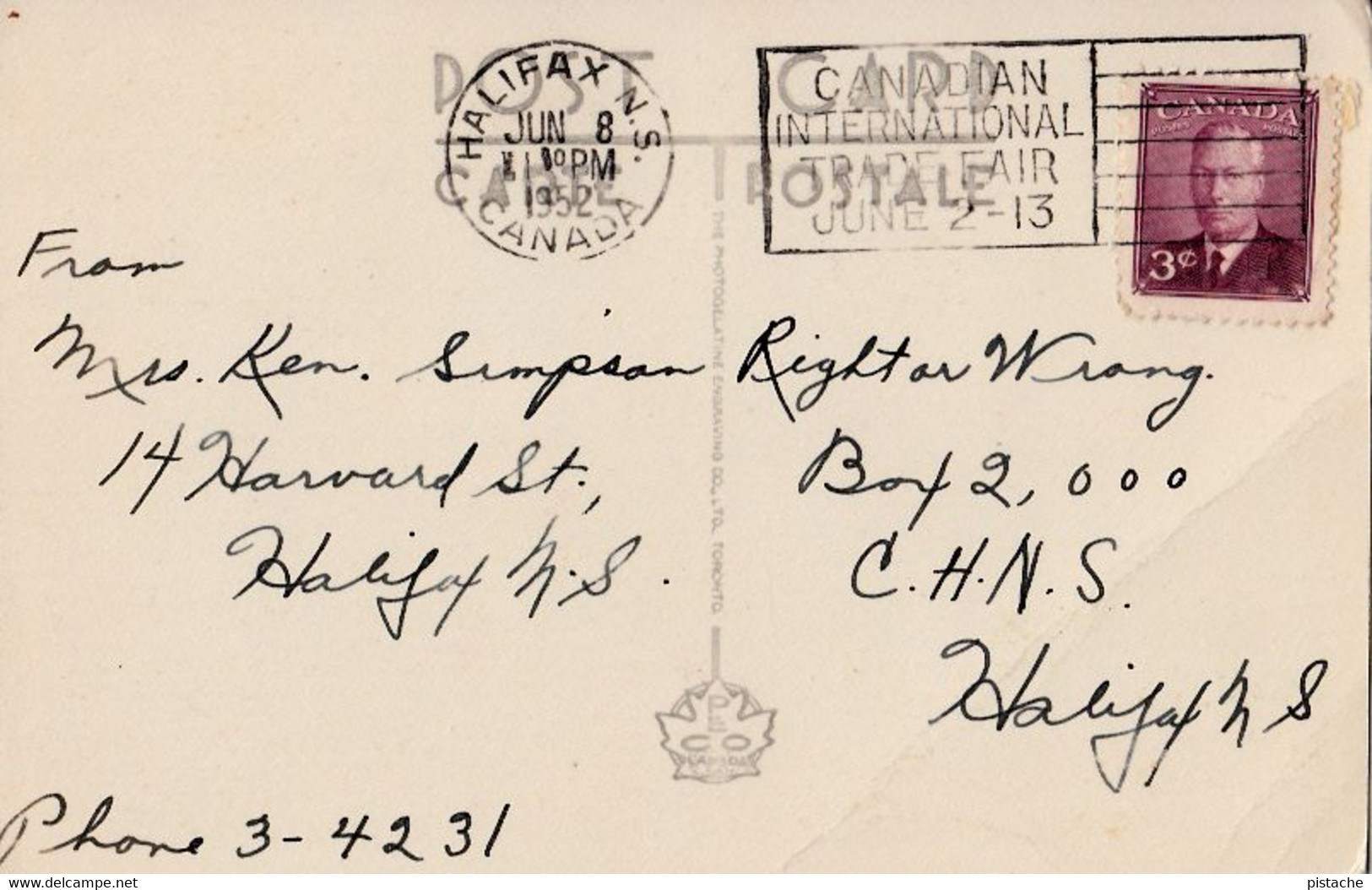 3612 – Halifax County Nova Scotia Canada – Peggy’s Cove – Written Stamp Postmark 1952 – 2 Scans - Halifax