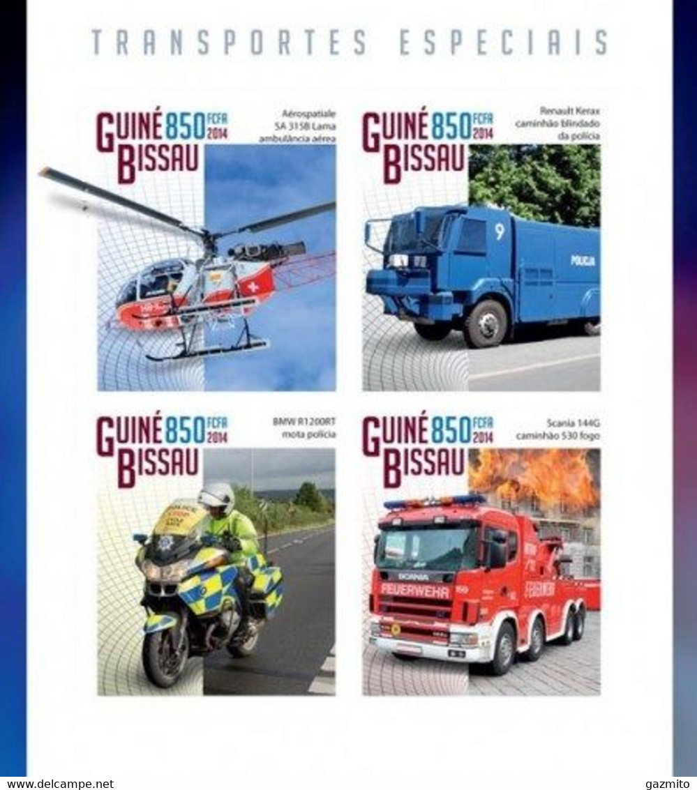 Guinea Bissau 2014, Special Transport, Ambulances, Helicopter, Police, Fire Engines, 4val In BF IMPERFORATED - Sapeurs-Pompiers