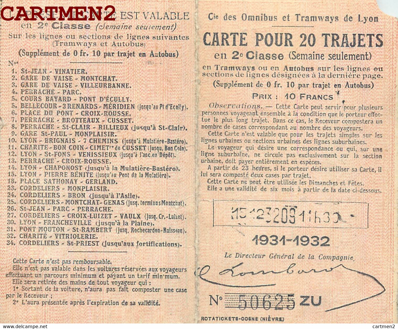 LYON CARTE TICKET TRAMWAY COMPAGNIE DES OMNIBUS DE LYON 1931-1932 69 RHONE AUTOBUS - Europa
