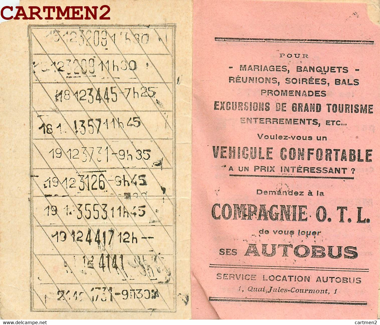 LYON CARTE TICKET TRAMWAY COMPAGNIE DES OMNIBUS DE LYON 1931-1932 69 RHONE AUTOBUS - Europe