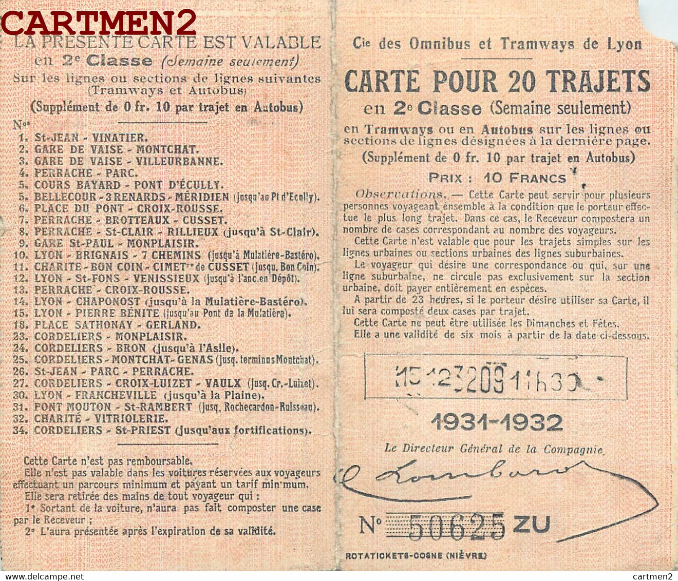 LYON CARTE TICKET TRAMWAY COMPAGNIE DES OMNIBUS DE LYON 1931-1932 69 RHONE AUTOBUS - Europe