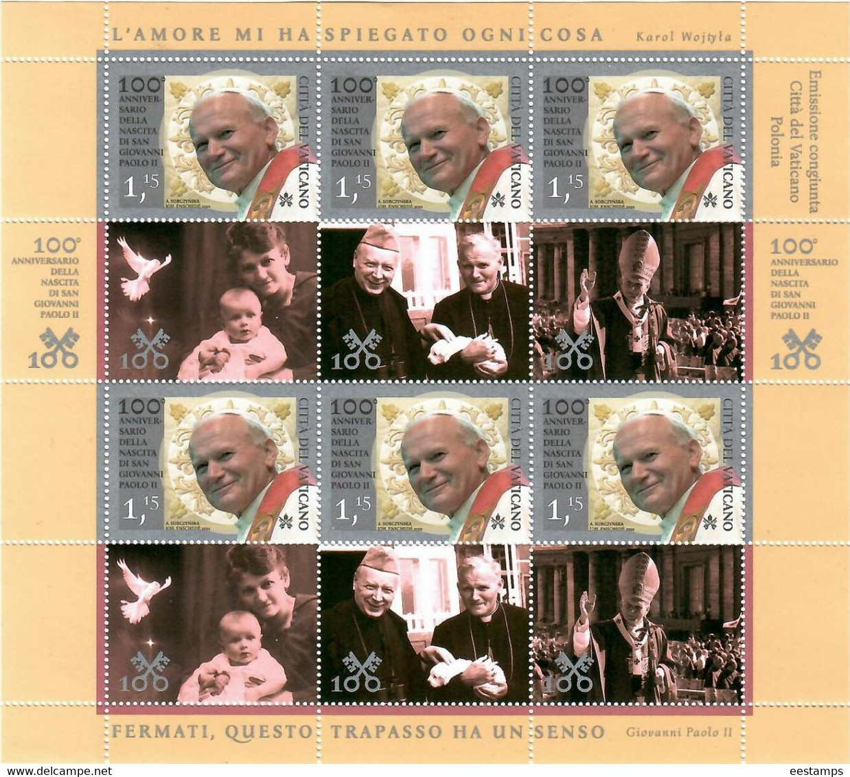 Vatican 2020 . Pope John Paull II ( Joint Issue Poland ) . M/S Of 6 +  6 Labels - Unused Stamps