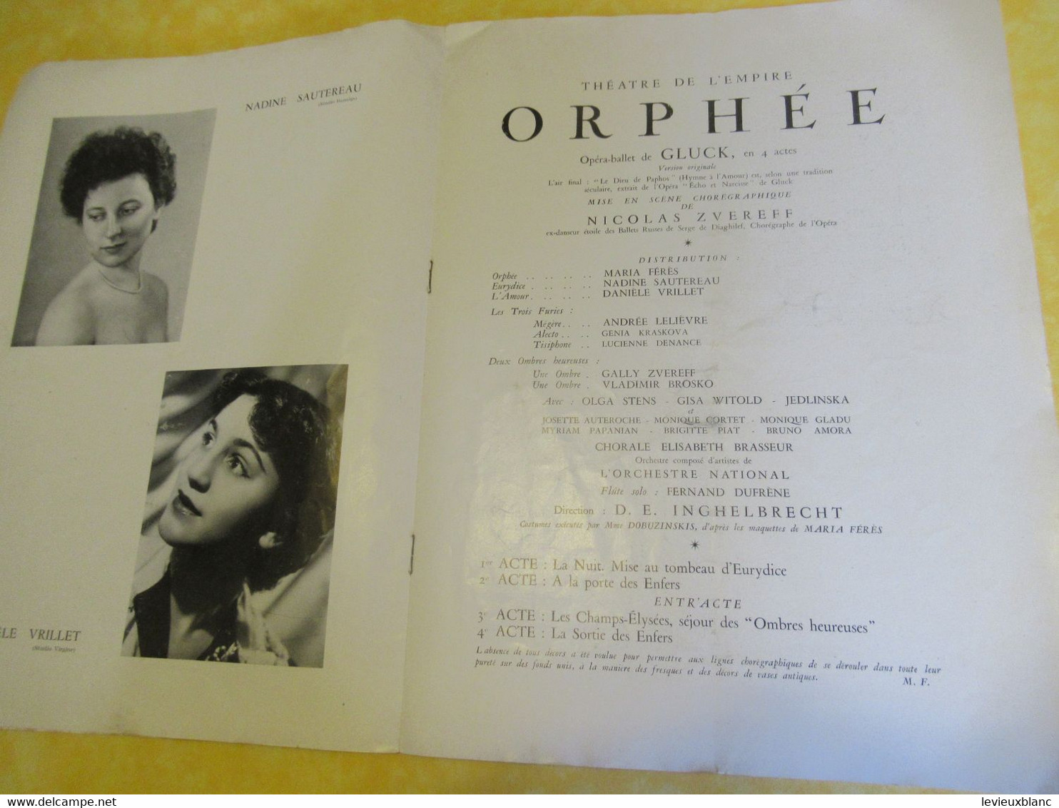 Programme Ancien/Opéra-Ballet/ Théâtre De L'EMPIRE/ Orphée-Gluck/ Maria Férés/1952   PROG357 - Programma's