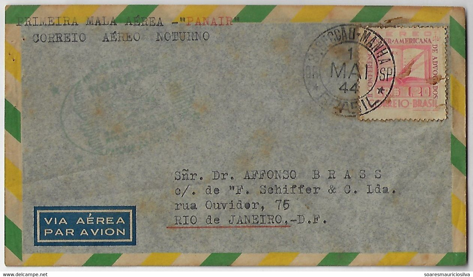 Brazil 1944 Cover Sent From São Paulo To Rio De Janeiro Cancel 1st Panair Night Air Mailbag - Poste Aérienne (Compagnies Privées)