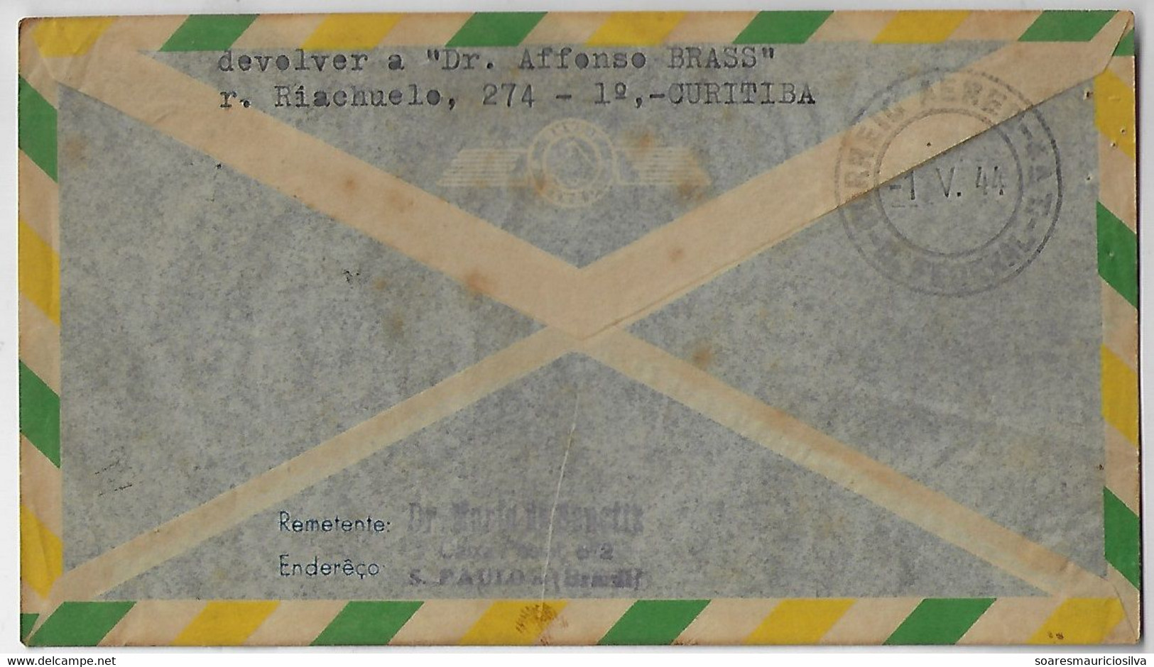 Brazil 1944 Cover Sent From São Paulo To Rio De Janeiro Cancel 1st Panair Night Air Mailbag - Poste Aérienne (Compagnies Privées)